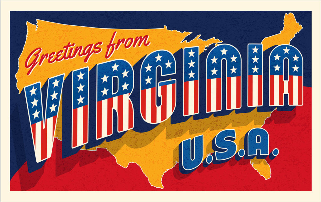 Greetings from Virginia USA. Retro style postcard with patriotic stars and stripes lettering and United States map in the background. 4th of July greetings. Vector illustration.