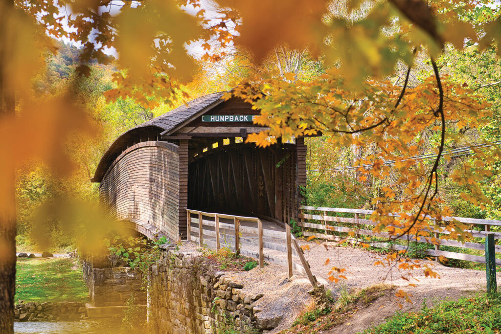 A colorful October fall shot of the covered bridge in Covington Virginia.