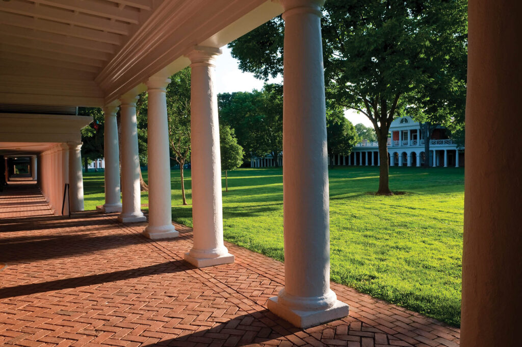 The Lawn in late afternoon at the historic University of Virginia campus in Charlottesville, Virginia. The lawn was part of Thomas Jefferson's campus design.