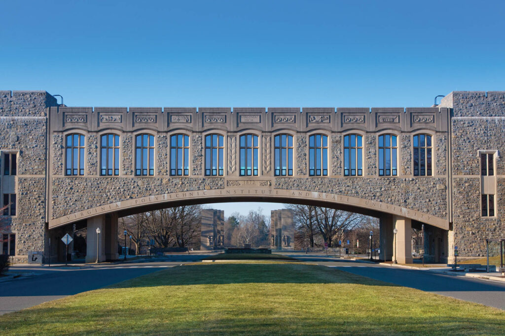Torgersen Hall and bridge to Newman Library at Virginia Tech